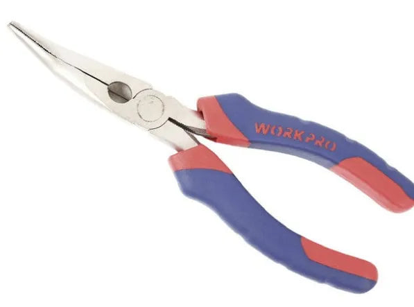 Blue-handled curved nose pliers with a double-colour sleeve grip and a tapered bent tip.