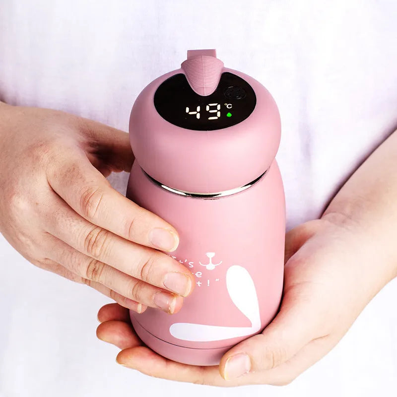 Intelligent thermos bottle with temperature display, 304 stainless steel, sliding lid, and insulated handle, 350ml, pink smart style
