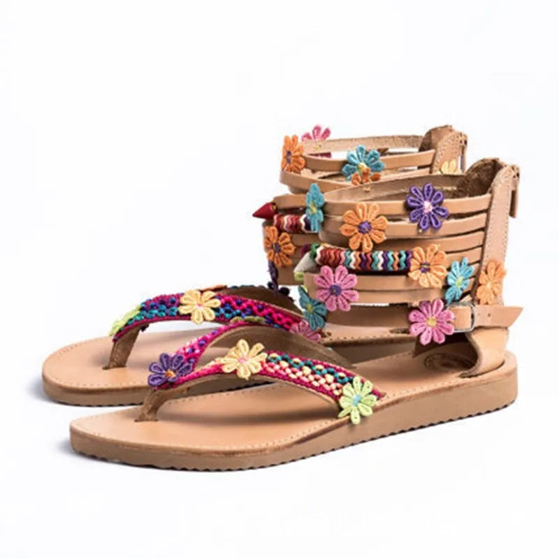 Ethnic style beaded petal sandals in artificial PU leather with floral decoration and round toe.