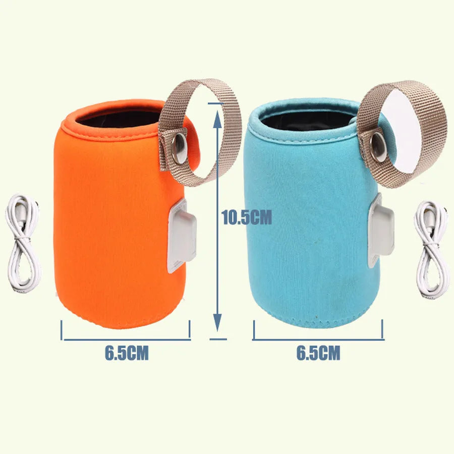 Orange and blue baby USB heated bottle warmer sleeve showing dimensions and USB connection