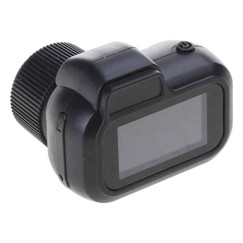 Black retro-style mini digital video camera with a built-in LCD screen on the back.