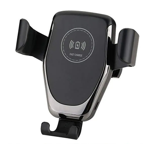 Black car wireless charger mounted on ventilation vent with iPhone Xs charging automatically