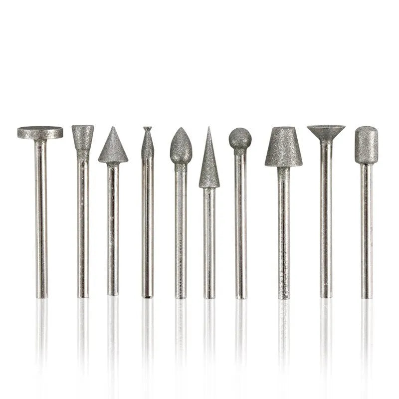 Alloy diamond grinding head set with elliptical cone shapes and 3mm shank for glass, jade, stone work