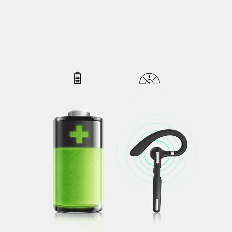 Black mono Bluetooth headset with a hanging ear hook design, shown on a grey background.