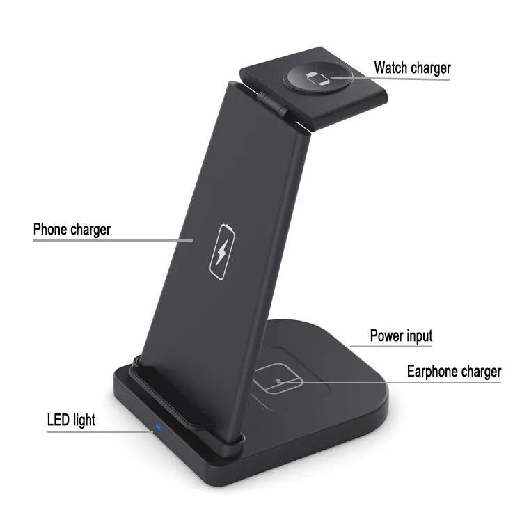 Foldable 3-in-1 wireless charger for phone, headphones and watch showing charging pads and 120cm USB cable