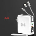 Black and white QI wireless power bank with foldable international plugs and 10000mAh capacity.