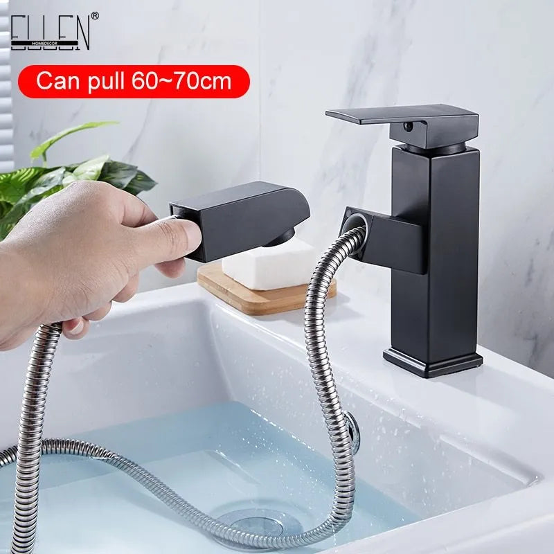 Nordic style brass brushed gold pull faucet for hot and cold water with square design
