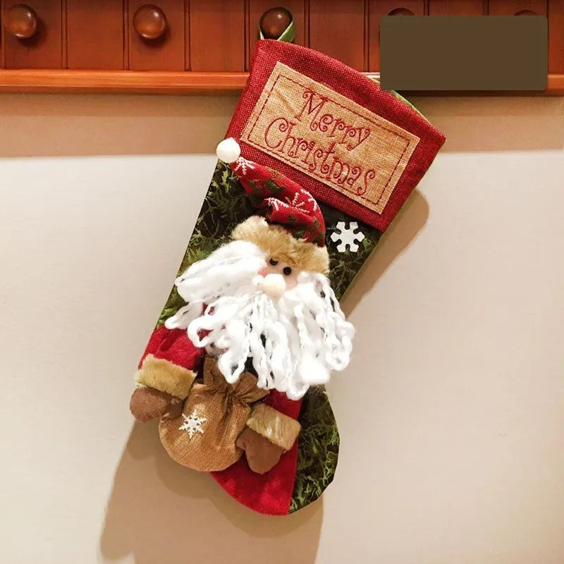 Christmas stocking with 3D appliqué snowman design, burlap fabric, and sturdy hanging loop