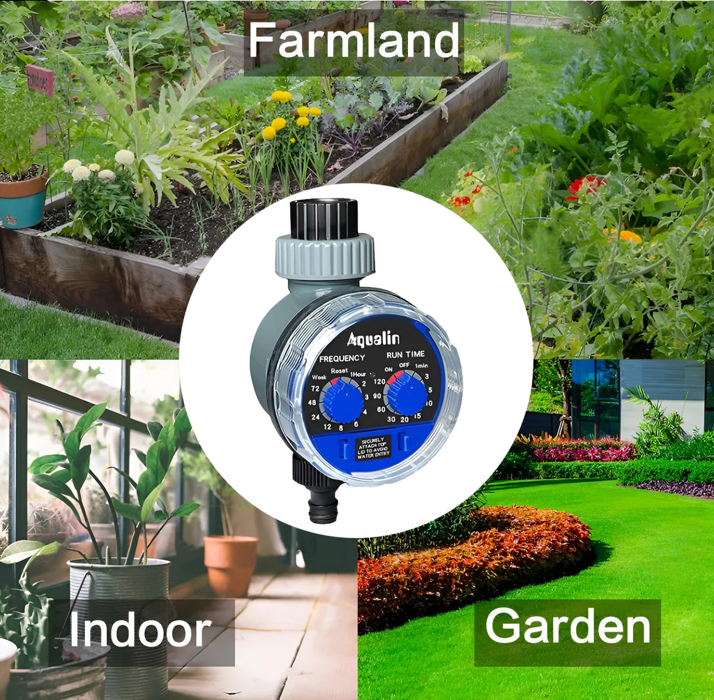 Automatic garden watering timer device showing programmable display and 3/4 inch faucet connection