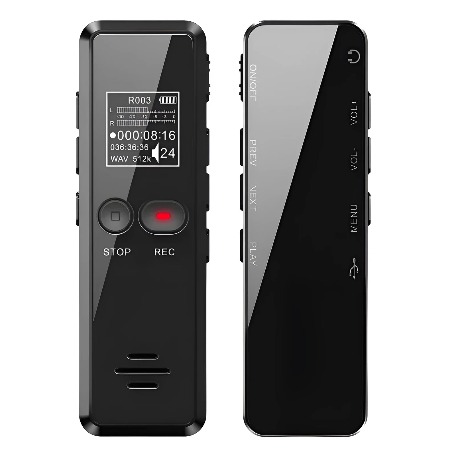 Black zinc alloy USB flash drive voice recorder and MP3 player with LCD screen
