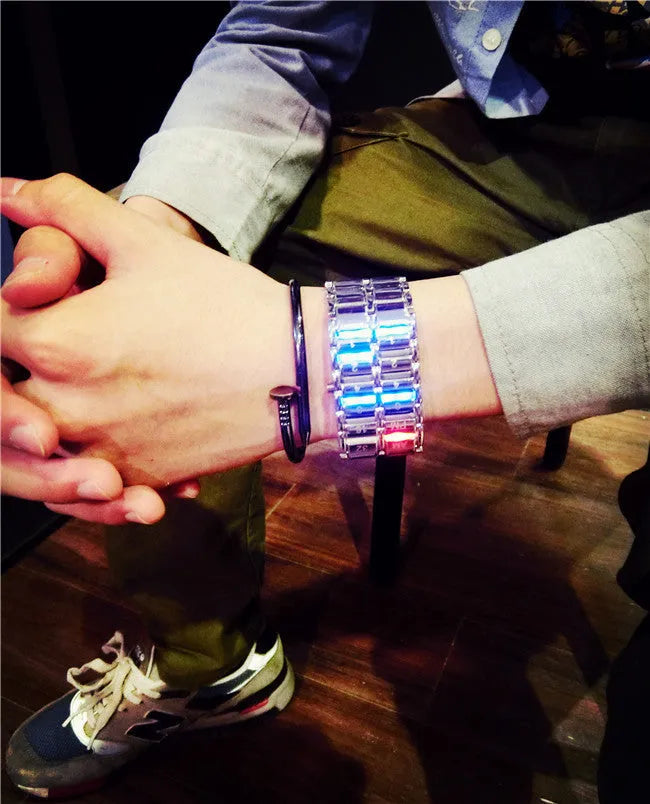 LED digital bracelet watch with alloy strap, available in large 2.7cm or small 2.1cm dial, black or silver