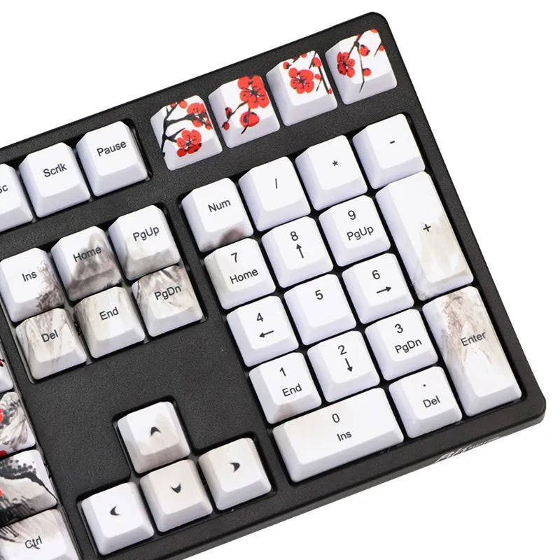 PBT keycap set with Wangjiang plum blossom design showing five-sided sublimation printing on OEM height keycaps