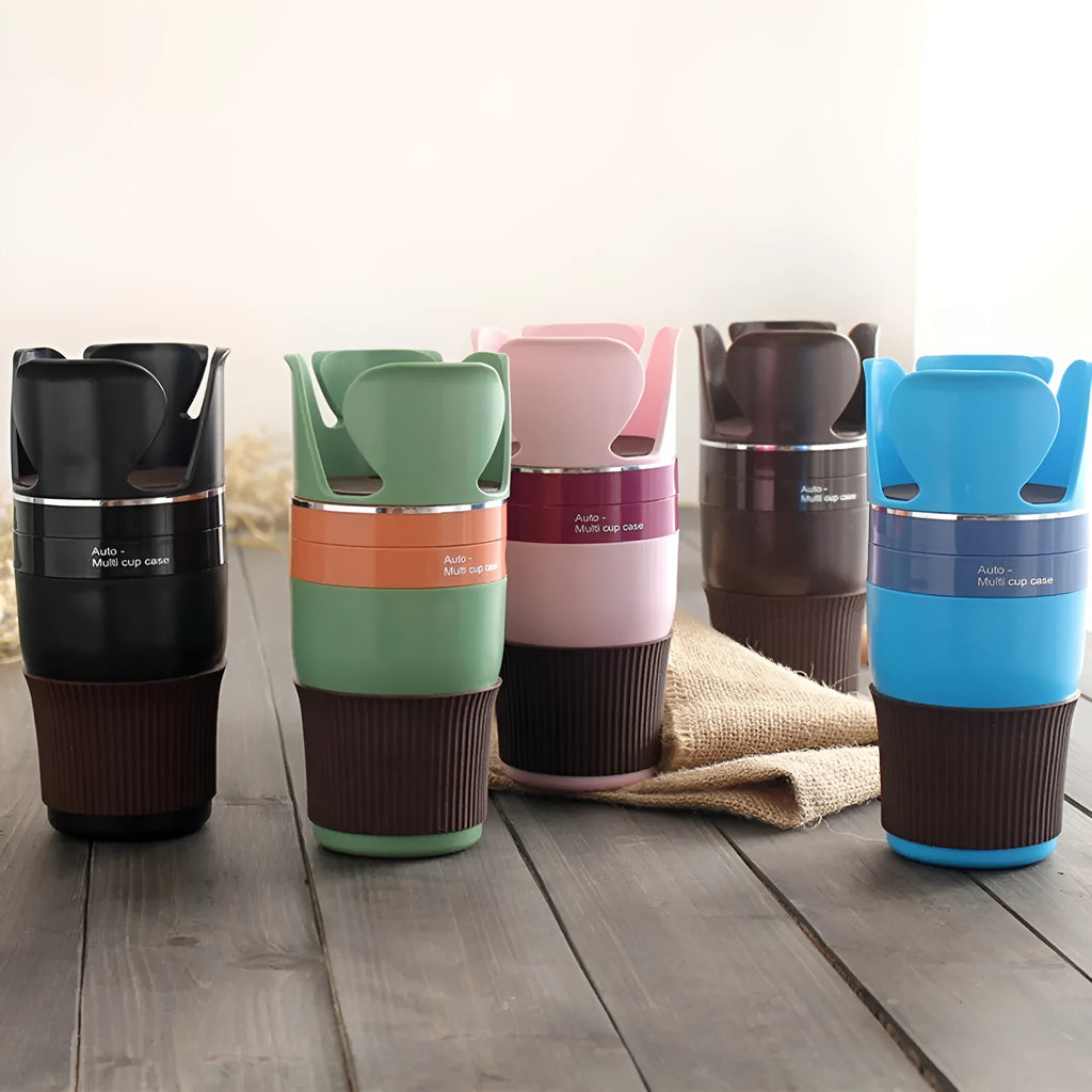 Car cup holder organiser with adjustable phone navigation bracket in multiple colours
