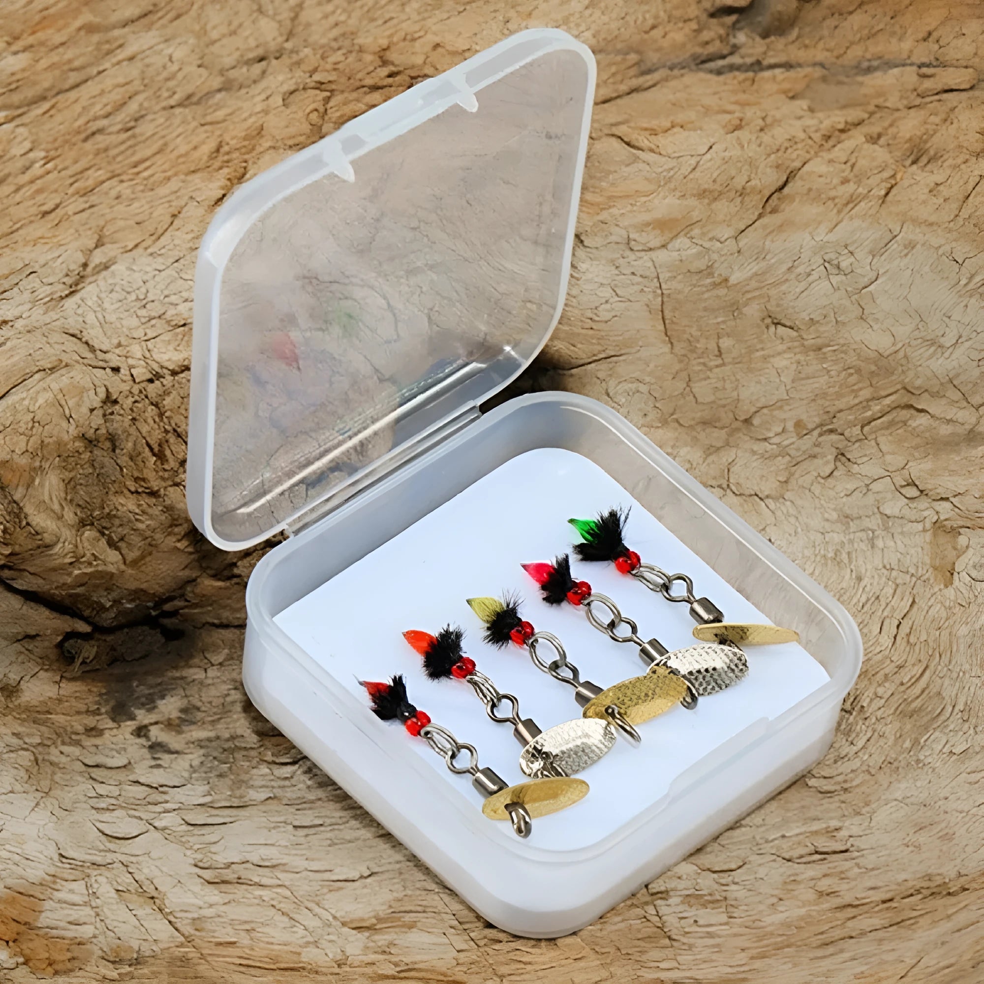 Five bionic mosquito hook fishing lures with spinning sequins for trout and perch fishing