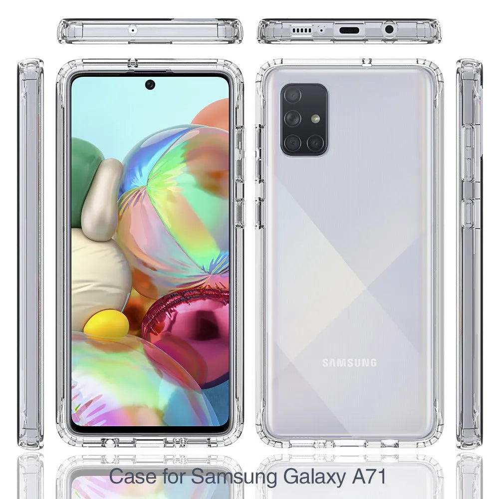 Transparent anti-drop phone case for Samsung Galaxy smartphones showing PC and TPU construction