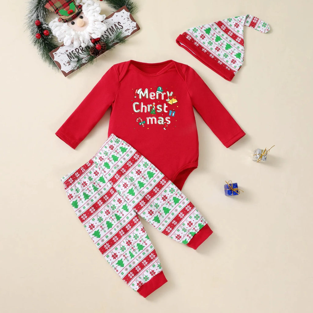 Three-piece Christmas tree print baby outfit with long-sleeve bodysuit, pants, and hat in cotton blend