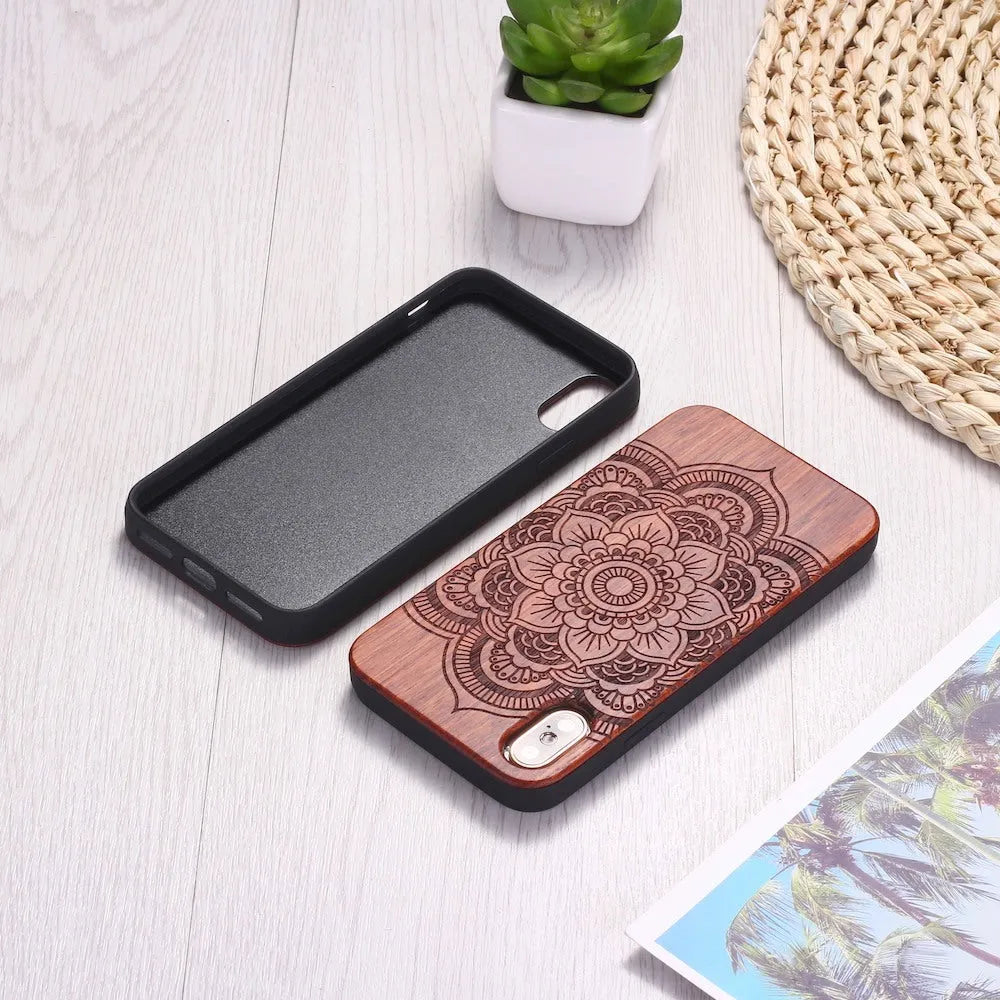 Mandala Stick Wood TPU Phone Case for iPhone 11 Pro Max in brown with laser-carved wood pattern