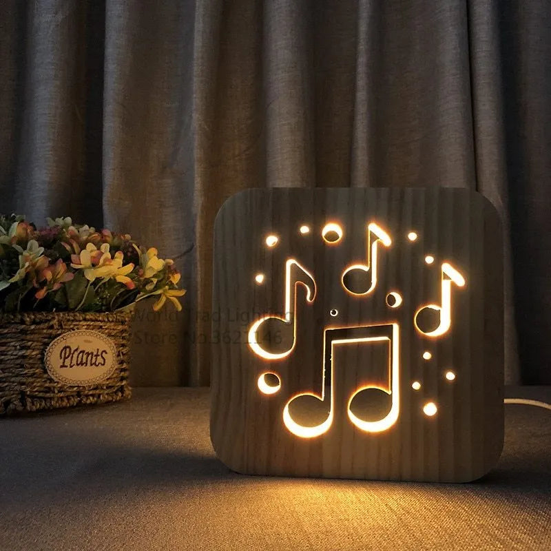 Square wooden pine LED atmosphere lamp with warm white light, shown with a USB cable.
