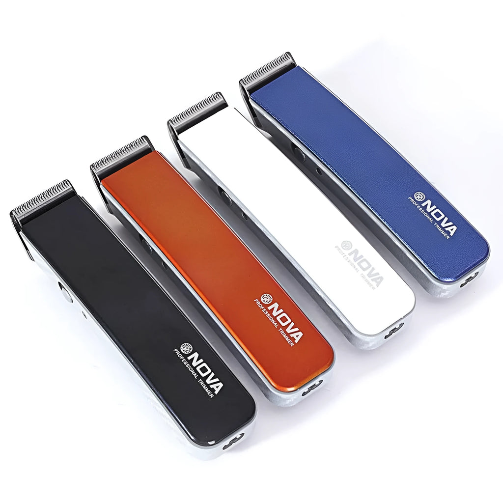 Electric hair clipper with removable blade head in black, blue, orange, red, or white colour options
