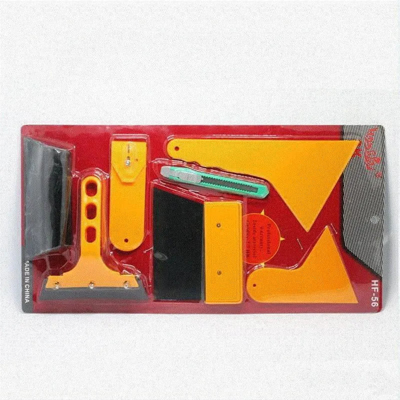 Seven-piece car film tool set with scrapers, knives, and applicators for automotive and screen protector installation.