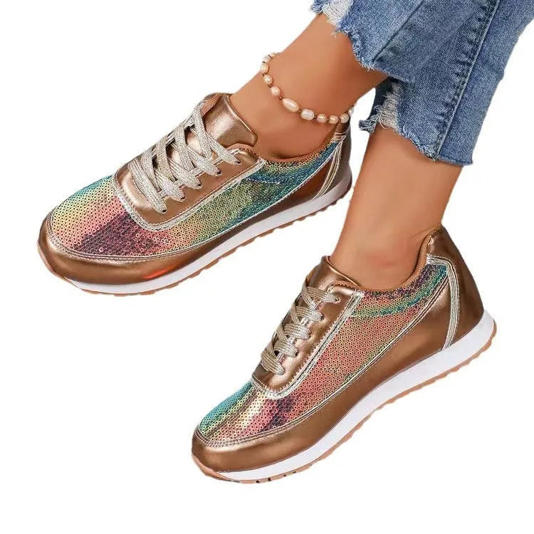 Women's thick-soled casual sneakers with square toe in black, champagne and silver colours