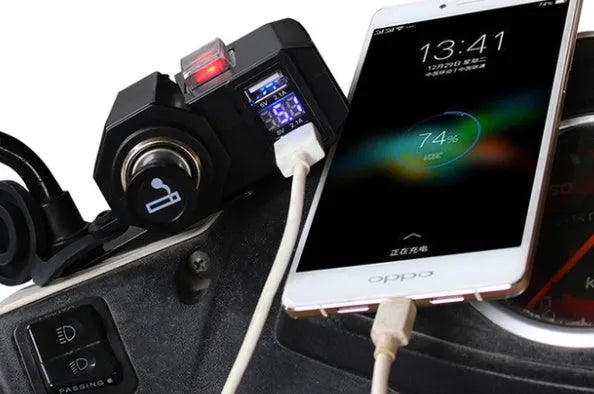 Motorcycle USB waterproof charger dual ports voltmeter model CD-3028 black handlebar mount
