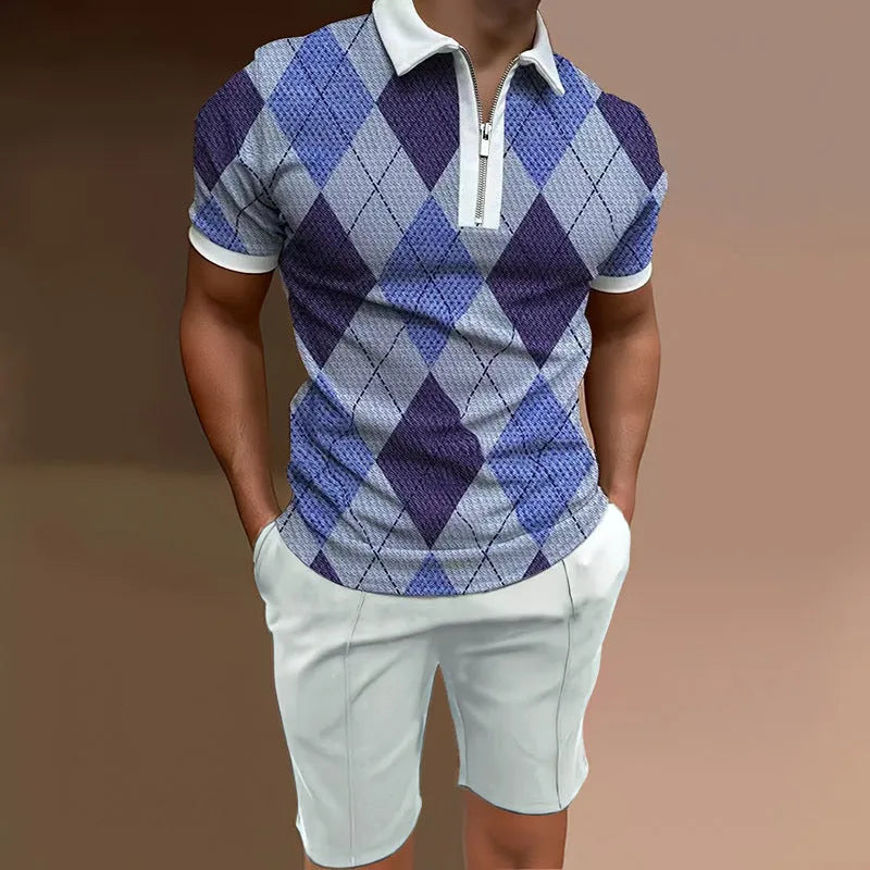 Men's casual printed short sleeve top and matching shorts set in a blue colour.