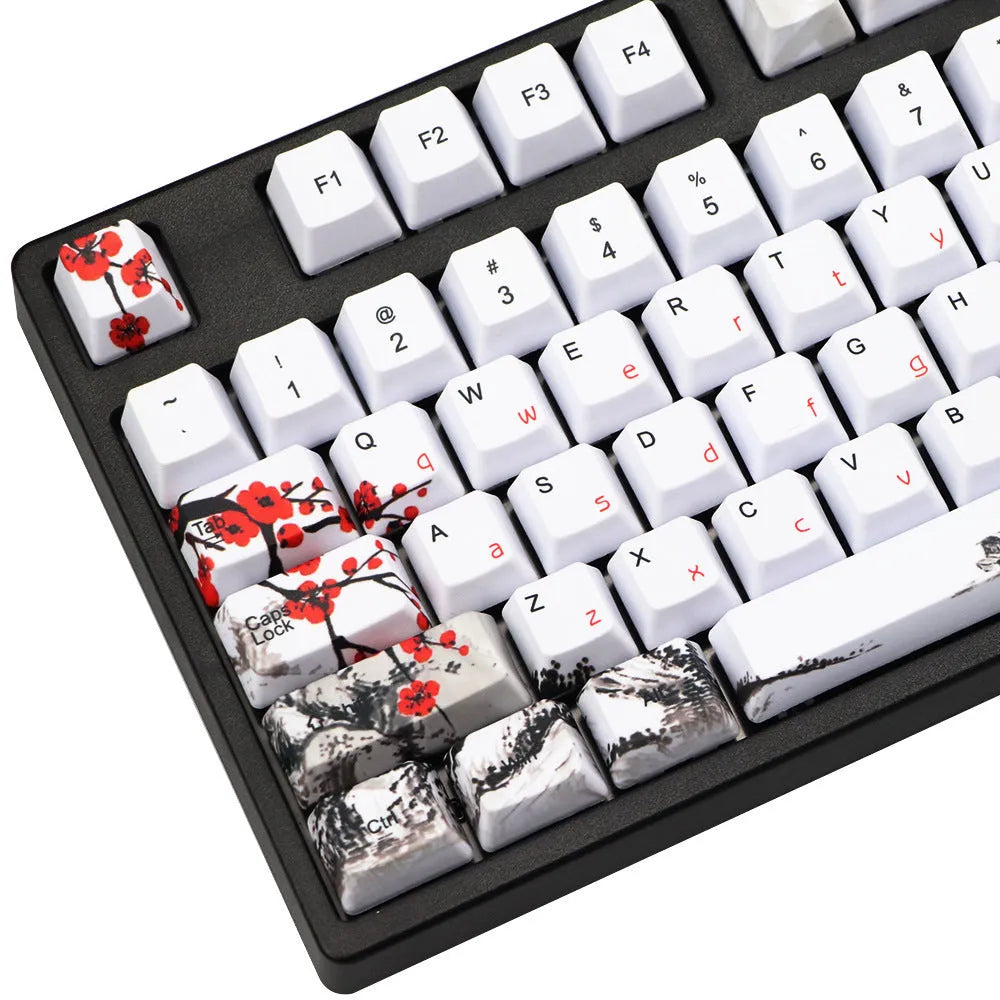 PBT keycap set with Wangjiang plum blossom design showing five-sided sublimation printing on OEM height keycaps