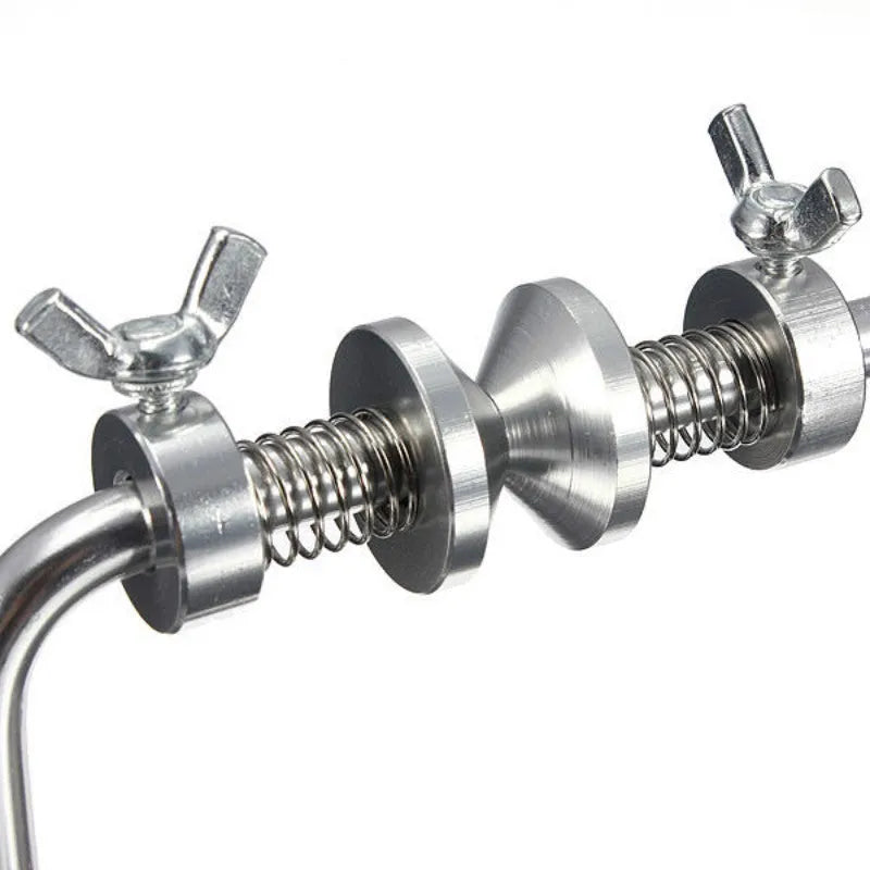 Silver aluminium fishing line spooler with suction cup base, adjustable tensioner, and anti-twist spool holder