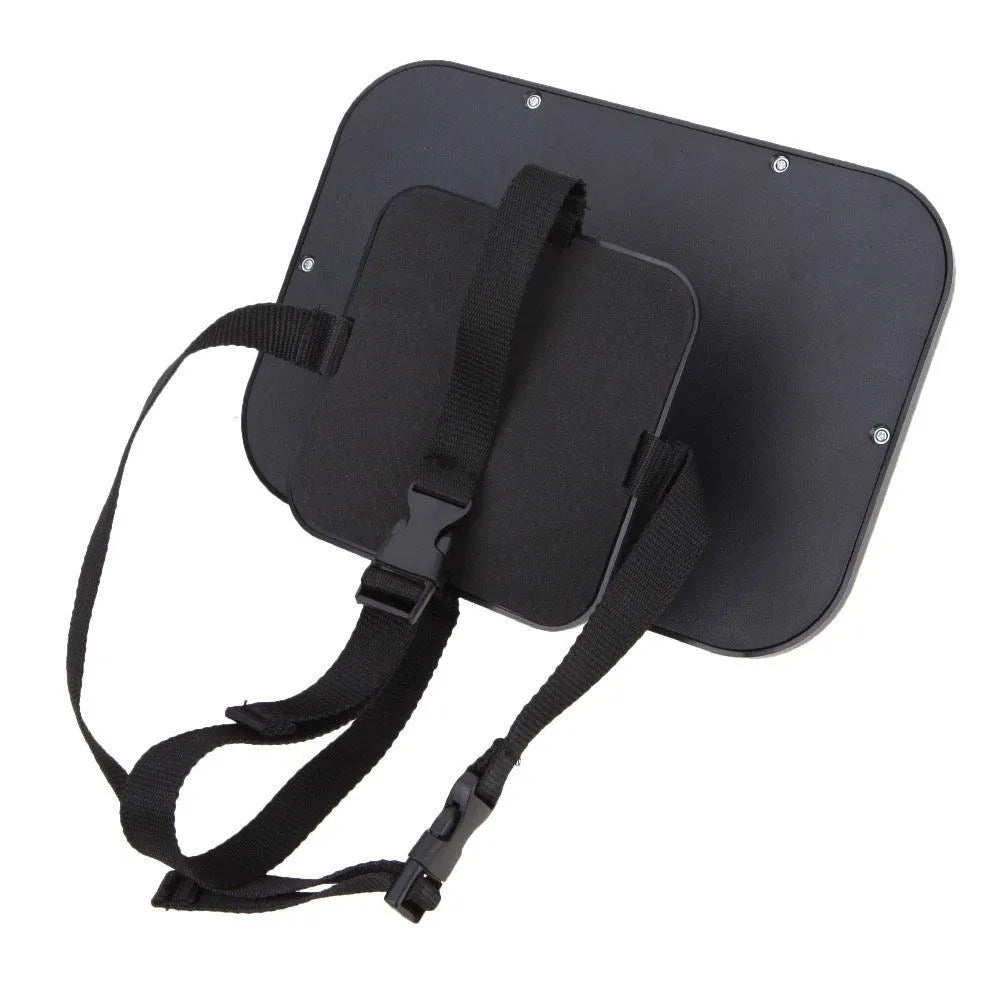 Black baby rear view mirror attached to car headrest with adjustable strap and wide rectangular shape