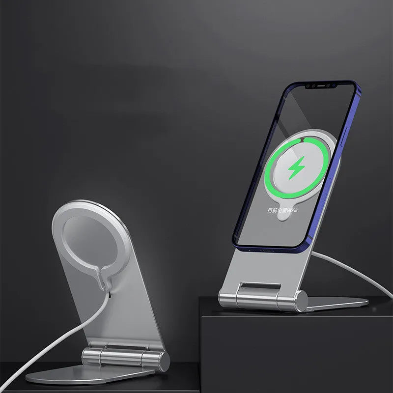 Silver vertical adjustable magnetic car bracket for iPhone 12 mounted on dashboard