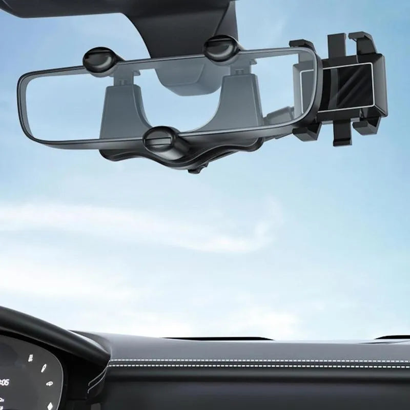 Black rearview mirror car phone holder showing 360-degree rotation and telescopic arm extended