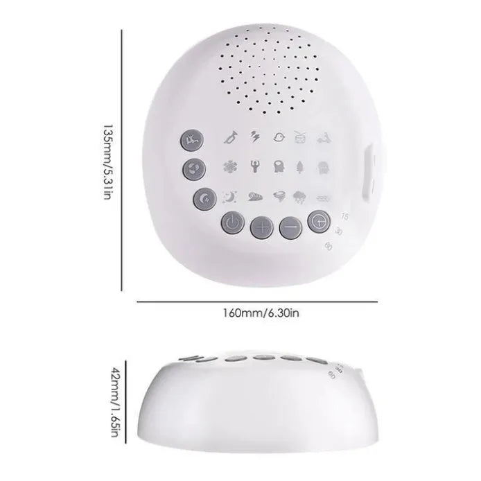 White noise machine with 9 sounds, timer, volume knob and USB cable, white colour, 16.5 x 16 x 6.3 cm
