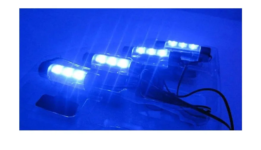 Blue car interior atmosphere lights, four rotatable LED xenon lamps, 60mm by 16mm, cigarette lighter plug and tape