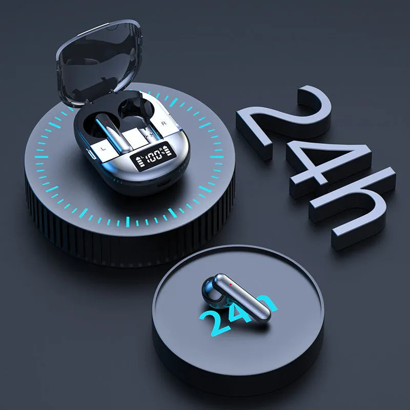 Black or white wireless Bluetooth headset with charging bin showing digital display screen