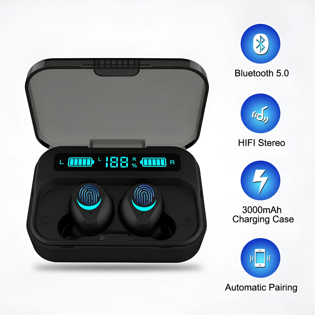 Black true wireless stereo Bluetooth earbuds with charging case showing 15m range