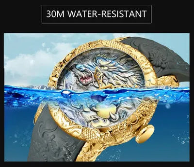 Dragon pattern mechanical watch with black rubber band, 50mm case, and gold accents, available in multiple colours.