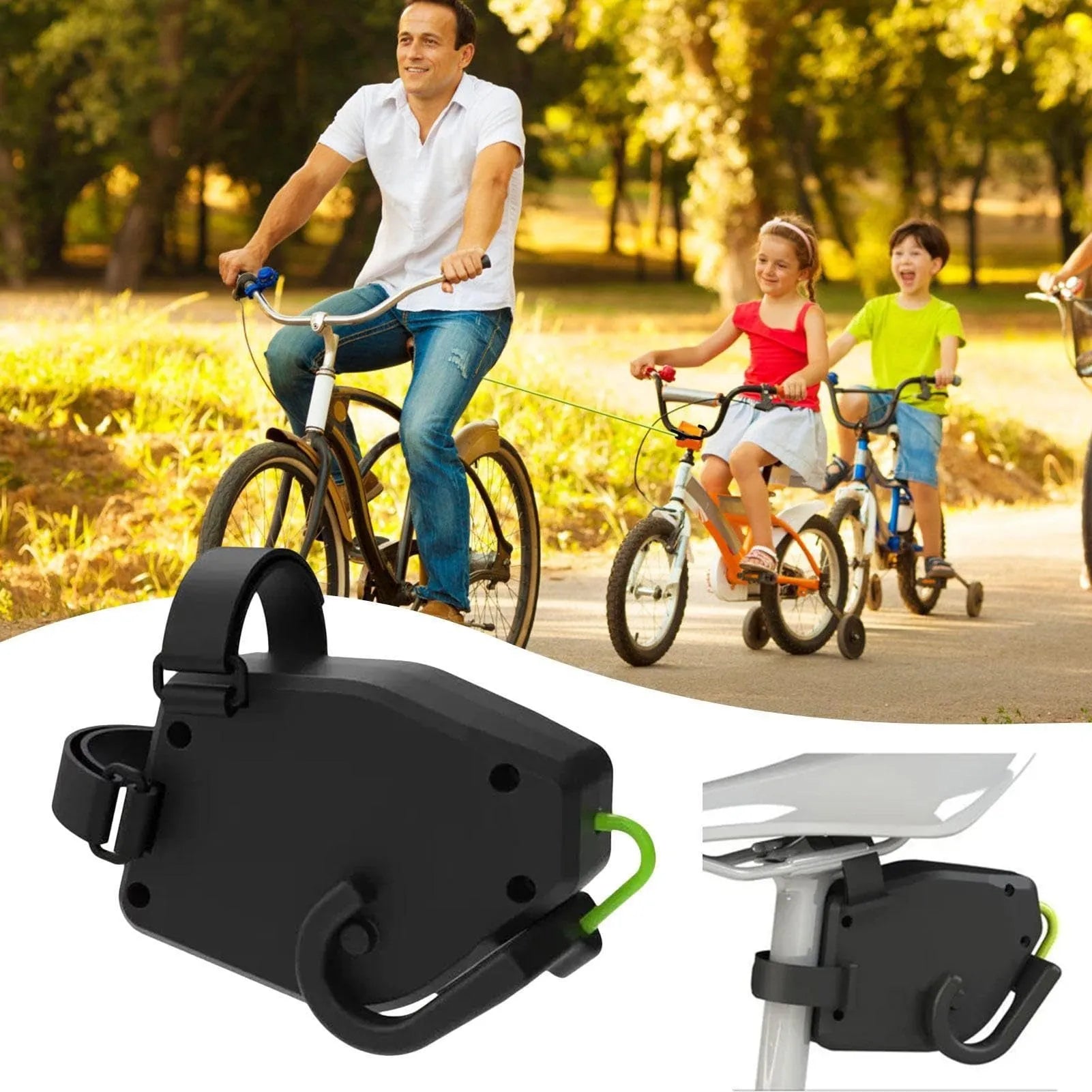 Black plastic resin bicycle trailer rope with hook-and-loop fastening for trailer security