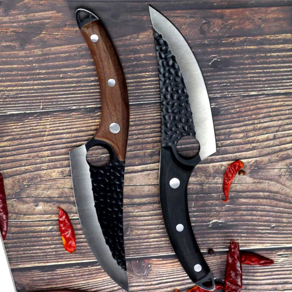 Forged boning knife set with curved scimitar blade and leather sheath on a dark surface.