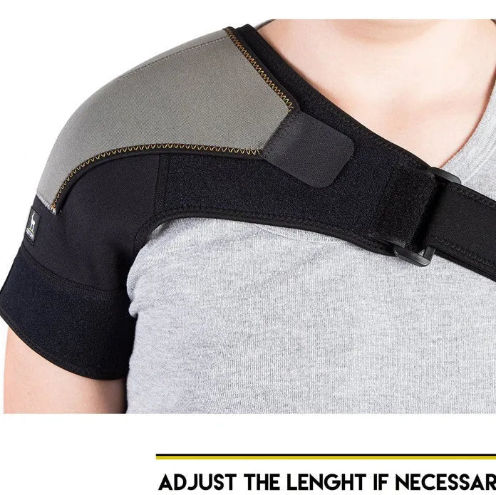 Black neoprene shoulder brace for rotator cuff support with adjustable elastic strap