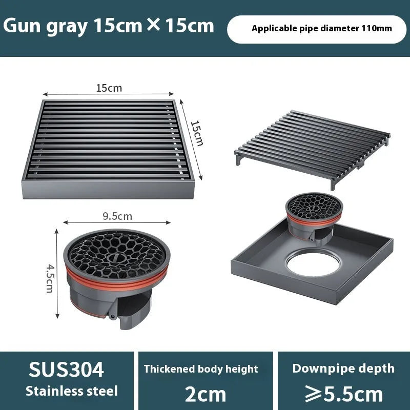 Gun grey 304 stainless steel courtyard floor drain with ABS plastic core measuring 15x15cm