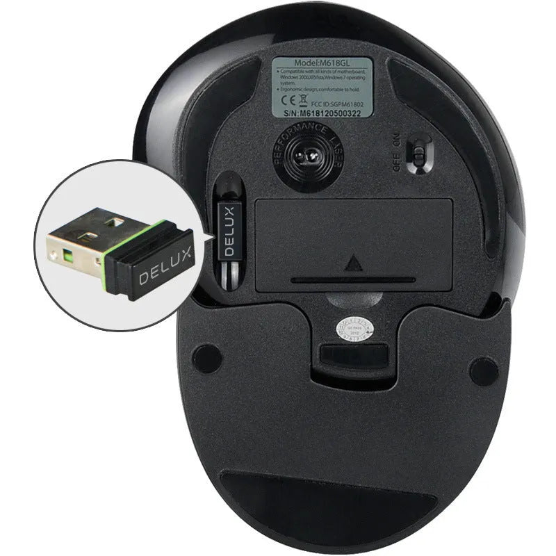 Black wireless vertical ergonomic mouse on a desk, showing its upright design and DPI switch.