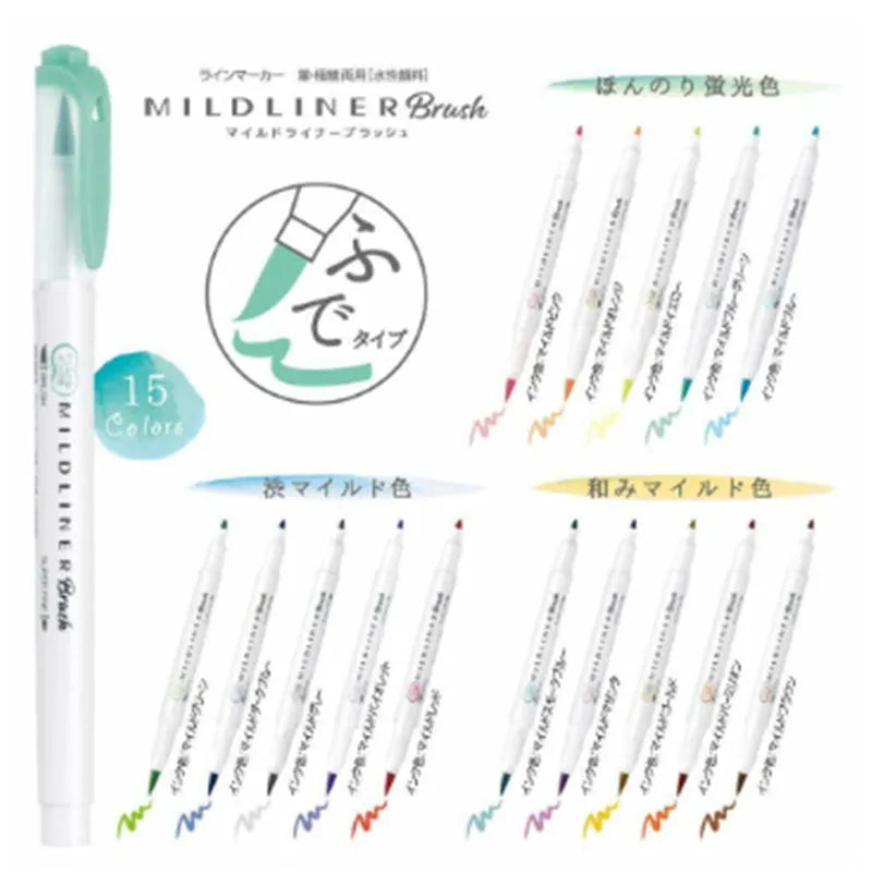 Double-sided water-based highlighter pen showing soft and round tips, in assorted colours, 148mm length.