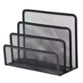 Three tier metal mesh desk organizer with iron frame storing papers and letters on a wooden desktop