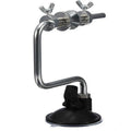 Silver aluminium fishing line spooler with suction cup base, adjustable tensioner, and anti-twist spool holder