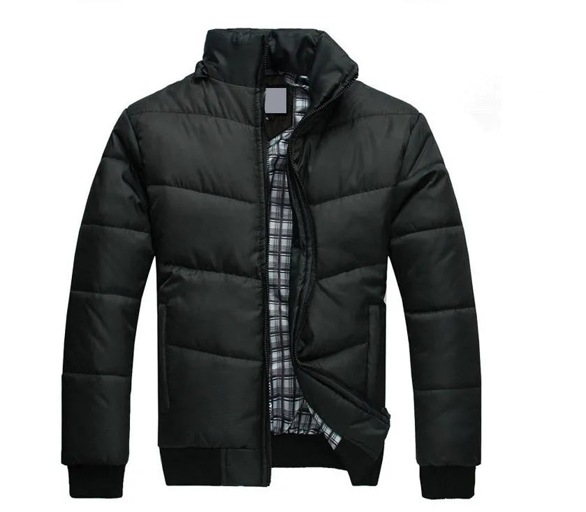 Men's winter parka coat in black with detachable hood, loose heavyweight fit, shown from front