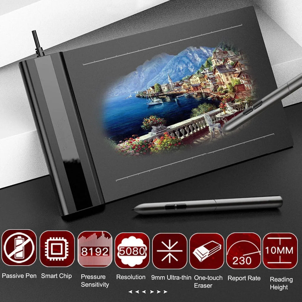 S640 black graphics tablet with passive pen on white background, 6x4 inch active zone