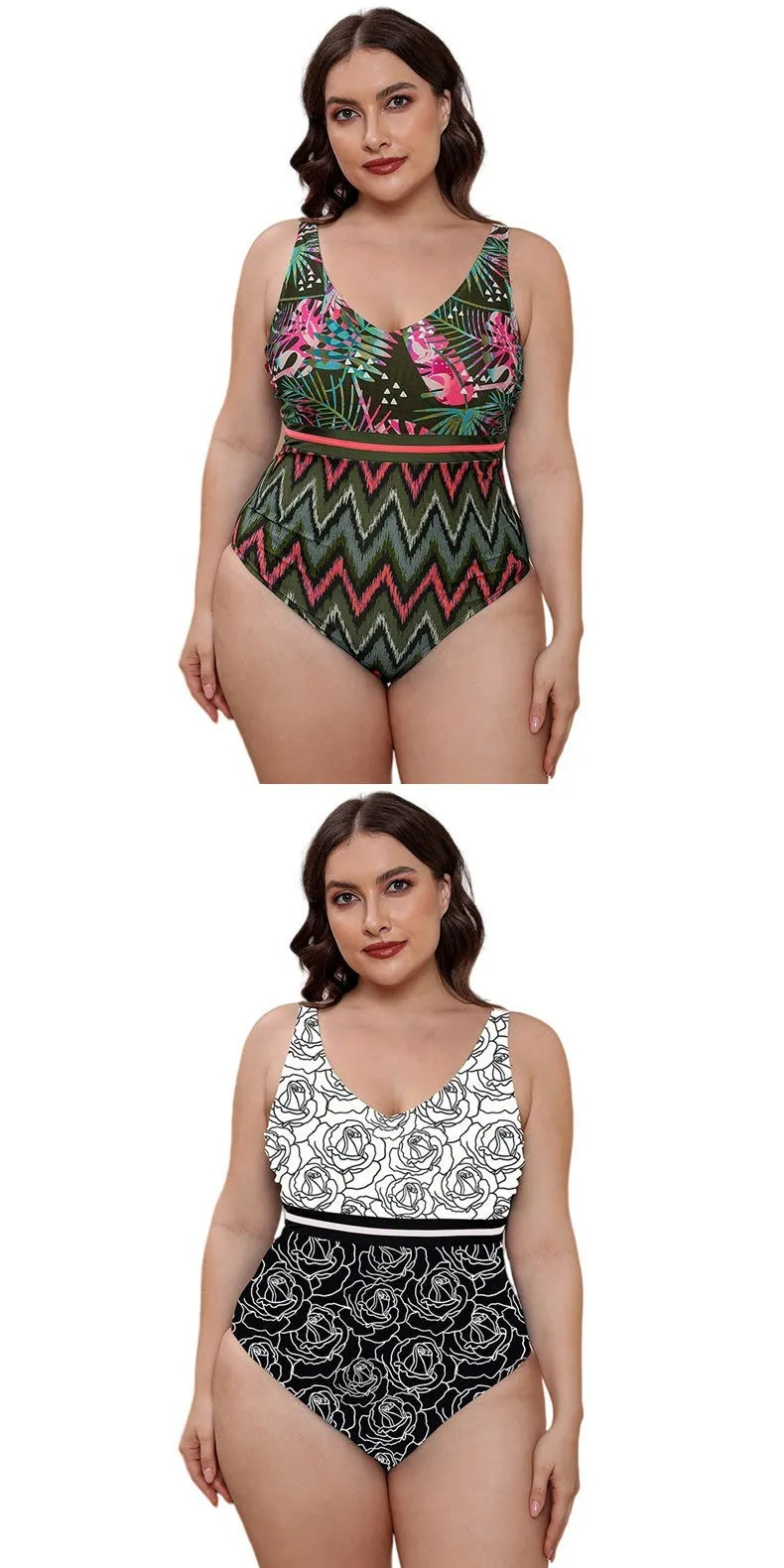Women's blue printed one-piece swimsuit with spaghetti straps and a striped vest design.