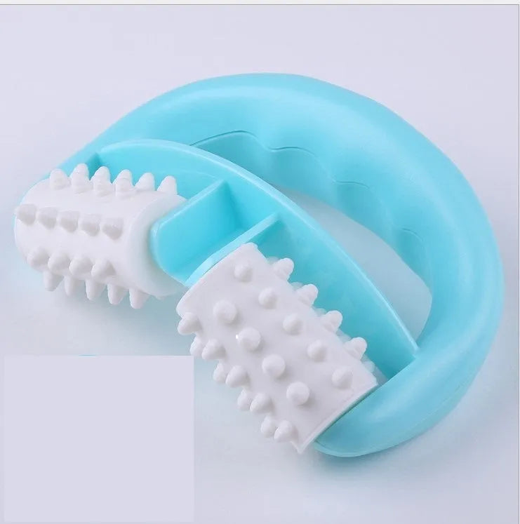 Handheld anti-cellulite massager roller with dot wheel in green, blue, and rose red, 13.5cm