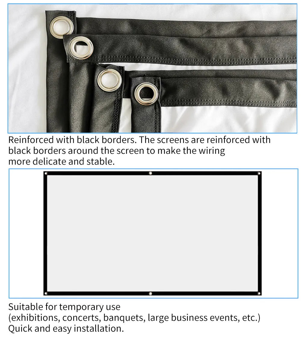 White foldable 16:9 projector screen in 60-150 inch sizes with hooks and 360 x 260mm packing size